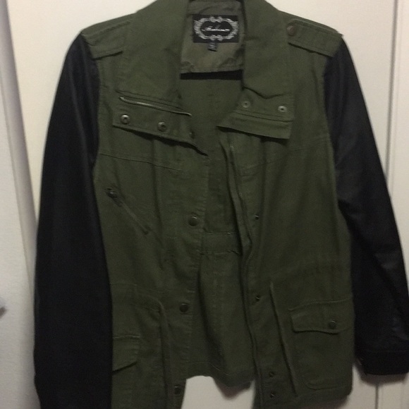 Green Military Jacket with Faux Leather Sleeves - Picture 7 of 7